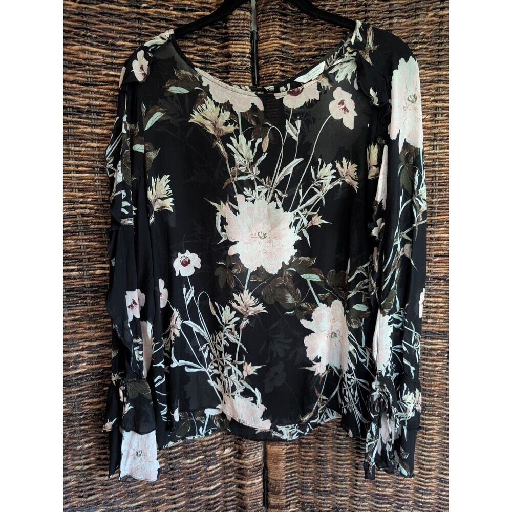 Lucky Brand Sheer Floral Ruffle Blouse Top Womens Large Black Fairy Whimsigoth